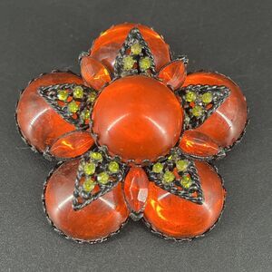 Vintage Unsigned SELRO SELINI Orange Cab Floral Brooch Pin Green Rhinestones